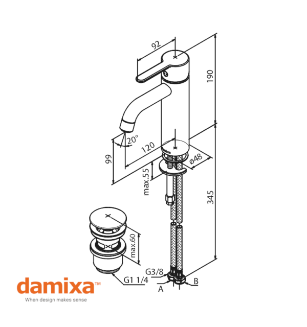 MONOMANDO LAVABO SILHOUET CON VALVULA DAMIXA MEDIDAS