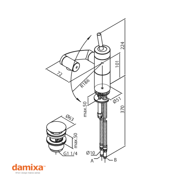 MEDIDAS MONOMANDO LAVABO BIDE ARC CON VALVULA DAMIXA