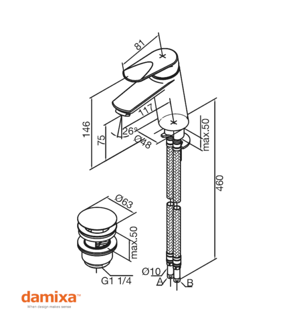 MEDIDAS MONOMANDO LAVABO CON VALVULA CLOVER GREEN DAMIXA