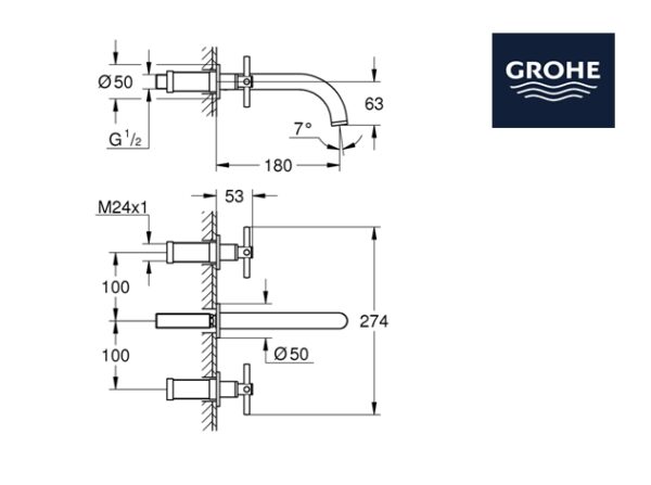 MEDIDAS BATERIA LAVABO MURAL ATRIO GROHE