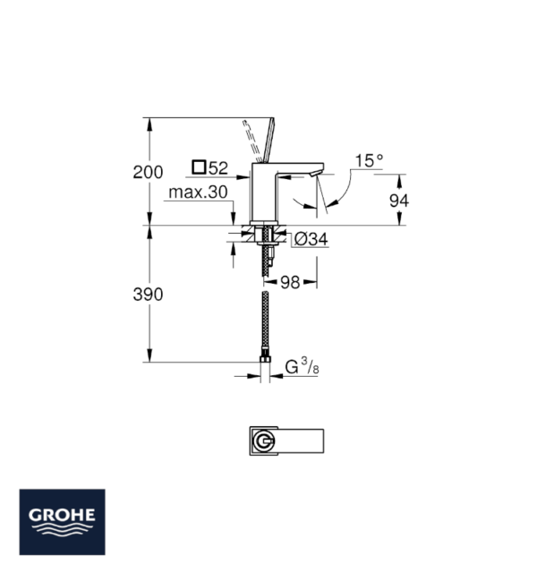 MEDIDAS MONOMANDO LAVABO TAMAÑO S EUROCUBE JOY GROHE