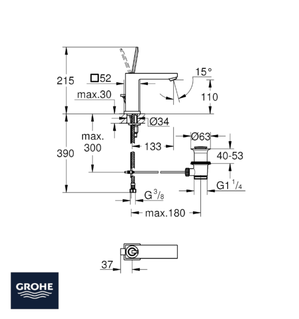 MEDIDAS MONOMANDO LAVABO TAMAÑO M CON VACIADOR EUROCUBE JOY GROHE