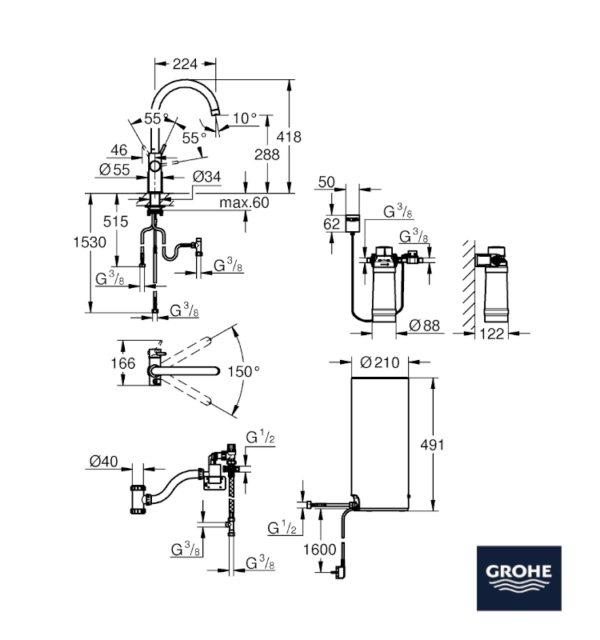 MEDIDAS MONOMANDO COCINA y CALENTADOR AGUA RED DUO GROHE