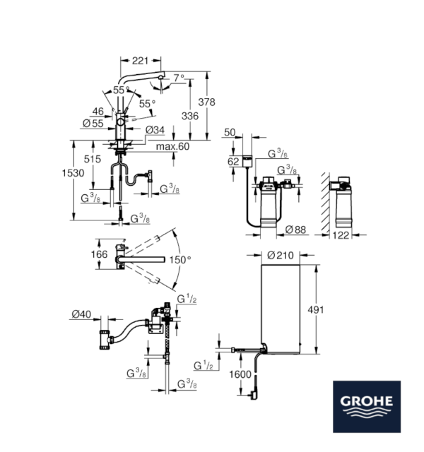 MEDIDAS MONOMANDO FREGADERO Y CALENTADOR RED DUO GROHE