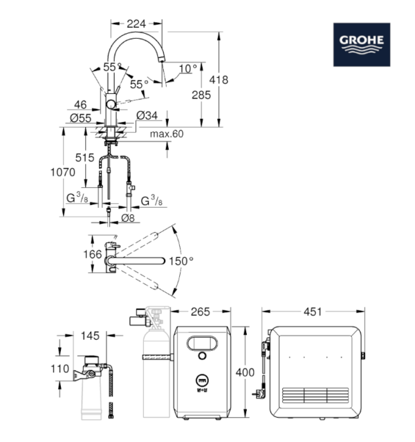 MEDIDAS STARTER KIT CAÑO C BLUE PROFESSIONAL GROHE