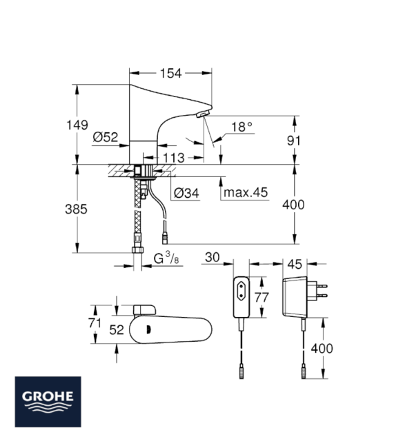 MEDIDAS MEZCLADOR LAVABO ELECTRONICO 1/2" EUROPLUS E GROHE