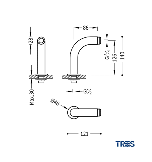 MEDIDAS CODO ADAPTADOR BAÑO-DUCHA TRES GRIFERIA