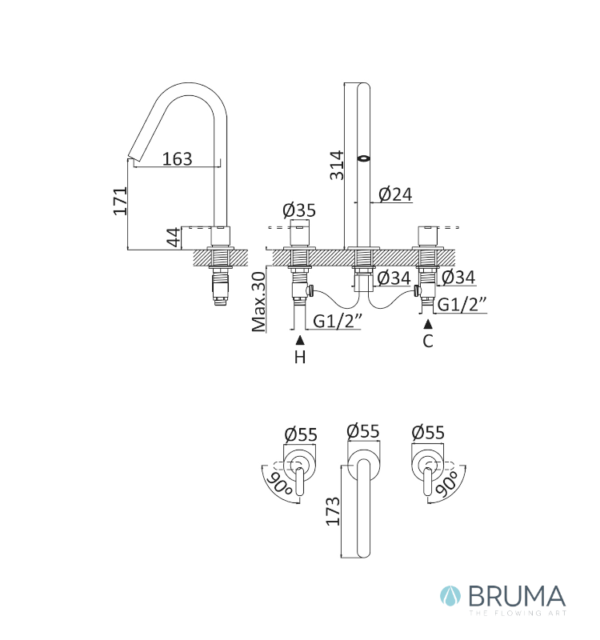 MEDIDAS BATERIA AMERICANA LAVABO LEAF BRUMA