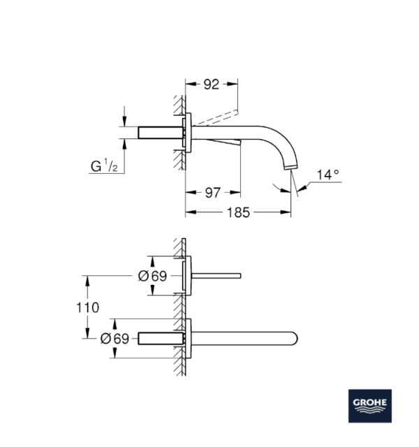 MEDIDAS MONOMANDO LAVABO MURAL JOYSTICK ATRIO GROHE