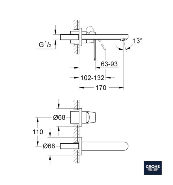 MEDIDAS MONOMANDO LAVABO MURAL EUROSMART COSMOPOLITAN GROHE