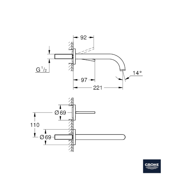 MEDIDAS MONOMANDO LAVABO MURAL JOYSTICK ATRIO GROHE