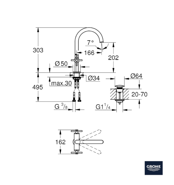 MEDIDAS MONOBLOCK LAVABO ATRIO GROHE