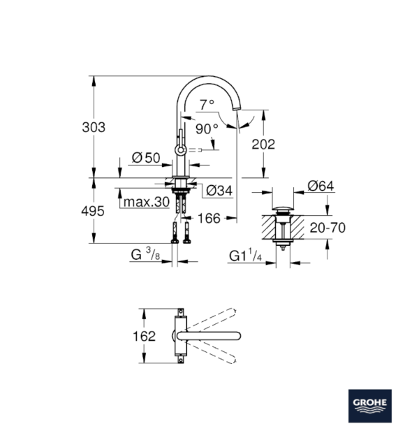 MEDIDAS MONOBLOCK LAVABO ATRIO GROHE