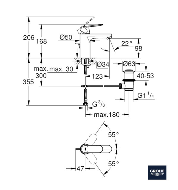 MEDIDAS MONOMANDO LAVABO M EUROSMART COSMOPOLITAN CON VACIADOR GROHE