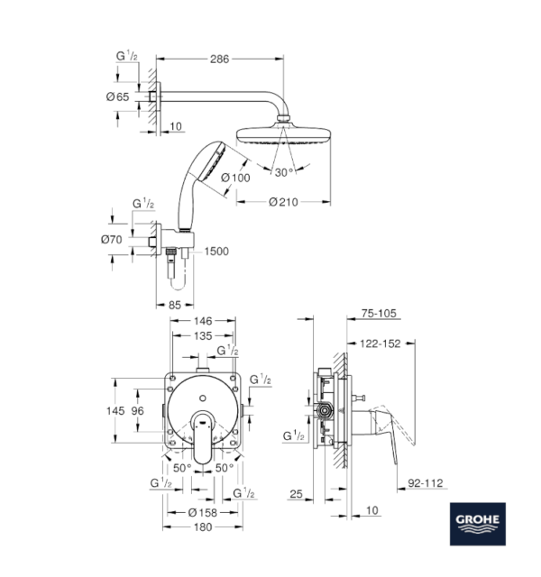 MEDIDAS CONJUNTO DUCHA TEMPESTA 210 EUROSMART COSMOPOLITAN GROHE