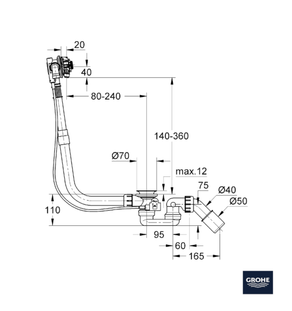 MEDIDAS DESAGÜE AUTOMATICO CON CAÑO INTEGRADO TALENTOFILL GROHE