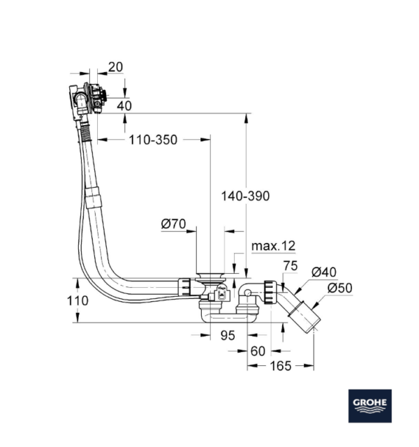 MEDIDAS DESAGÜE AUTOMATICO CON CAÑO INTEGRADO TALENTOFILL GROHE