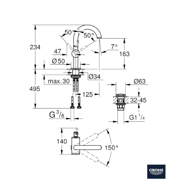 MEDIDAS MONOMANDO LAVABO ATRIO GROHE