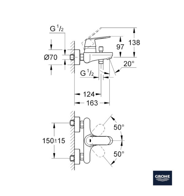 MEDIDAS MONOMANDO BAÑO DUCHA EUROSMART COSMOPOLITAN GROHE