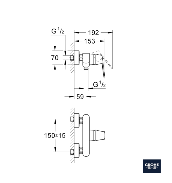 MEDIDAS MONOMANDO DUCHA EUROSMART COSMOPOLITAN GROHE