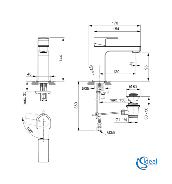 MEDIDAS MONOMANDO LAVABO NORMAL CON BLUESTART EDGE IDEAL STANDARD