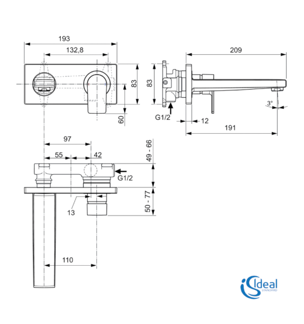 MEDIDAS MONOMANDO LAVABO A PARED EDGE IDEAL STANDARD