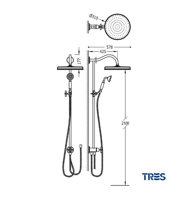 MEDIDAS CONJUNTO DUCHA ANTICALCAREA MONOCLASIC TRES GRIFERIA