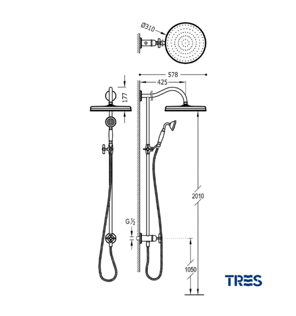 MEDIDAS CONJUNTO DUCHA ANTICALCAREA MONOCLASIC TRES GRIFERIA