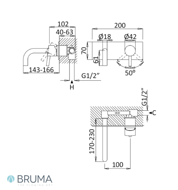 MEDIDAS MONOMANDO LAVABO MURAL ROSETON UNICO INFANTE BRUMA