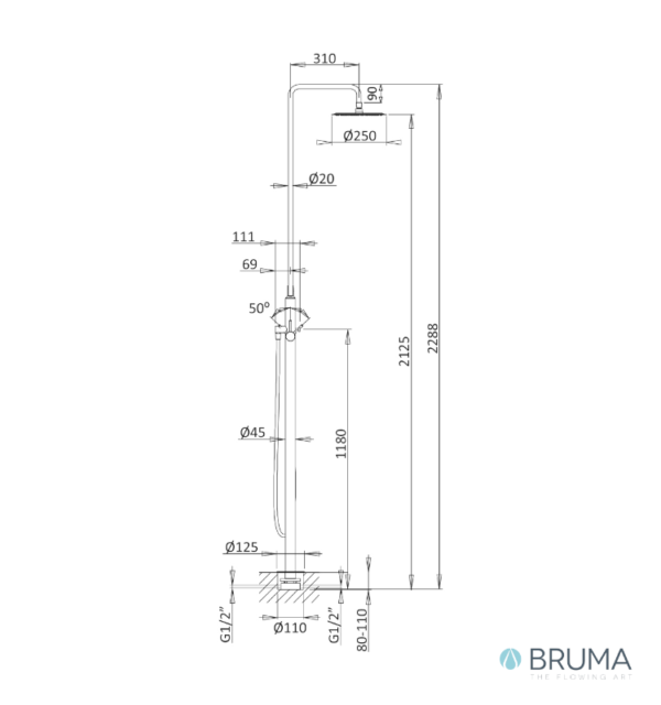 MEDIDAS COLUMNA DE DUCHA MONOMANDO DE PIE LUSITANO BRUMA