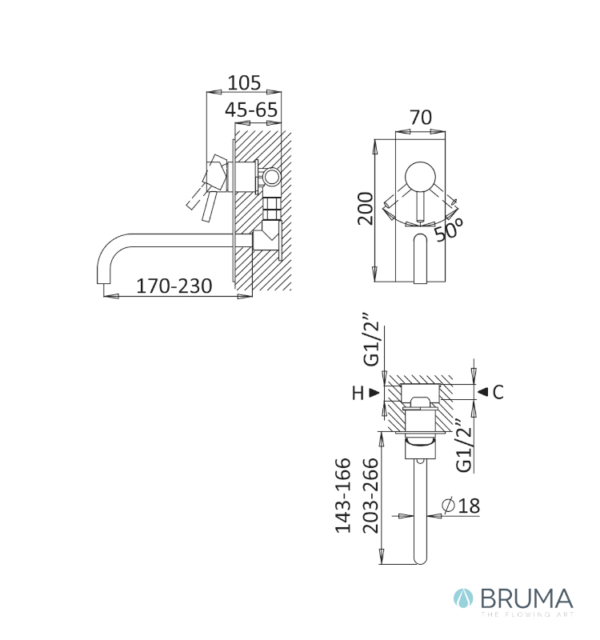 MEDIDAS MONOMANDO LAVABO MURAL ROSETON UNICO LUSITANO BRUMA