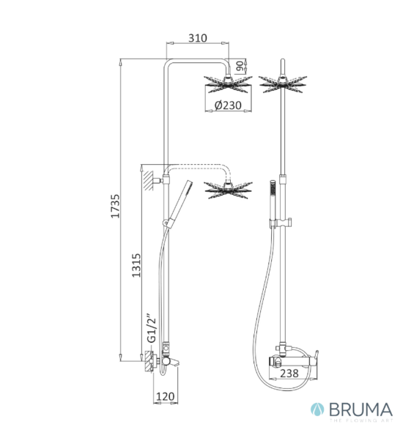 MEDIDAS COLUMNA BAÑO DUCHA AJUSTABLE ALTURA INFANTE BRUMA