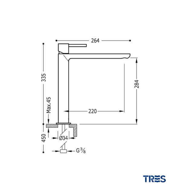 MEDIDAS MONOMANDO LAVABO GRANDE MAX-TRES TRES GRIFERIA