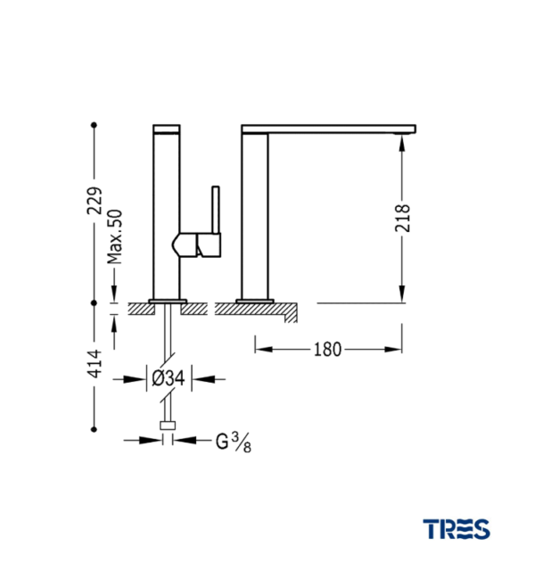 MONOMANDO LAVABO CAÑO ALTO MAX-TRES TRES GRIFERIA MEDIDAS