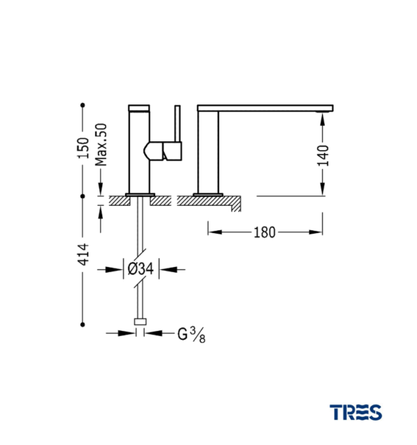 MEDIDAS MONOMANDO LAVABO CAÑO ALTO MAX-TRES TRES GRIFERIA