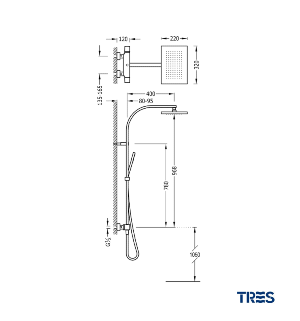 MEDIDAS CONJUNTO DUCHA TERMOSTATICA SLIM EXCLUSIVE TRES GRIFERIA