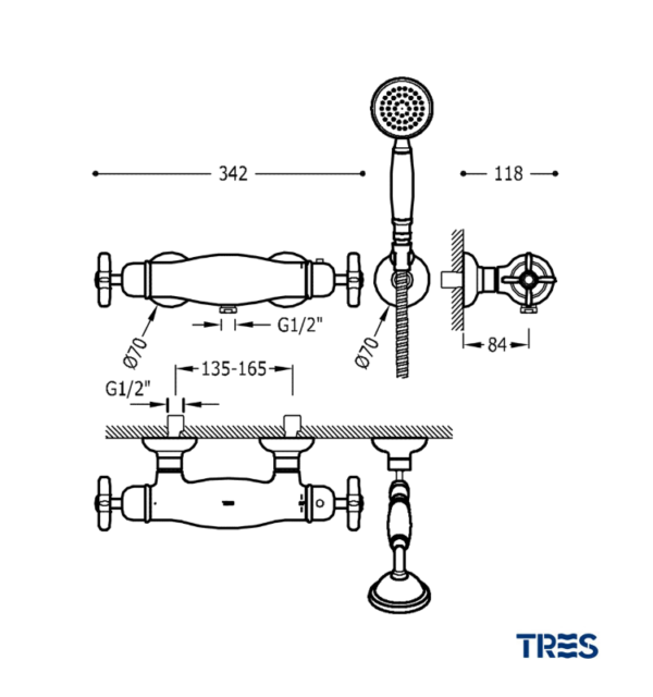 MEDIDAS DUCHA TERMOSTATICA MONOCLASIC TRES GRIFERIA