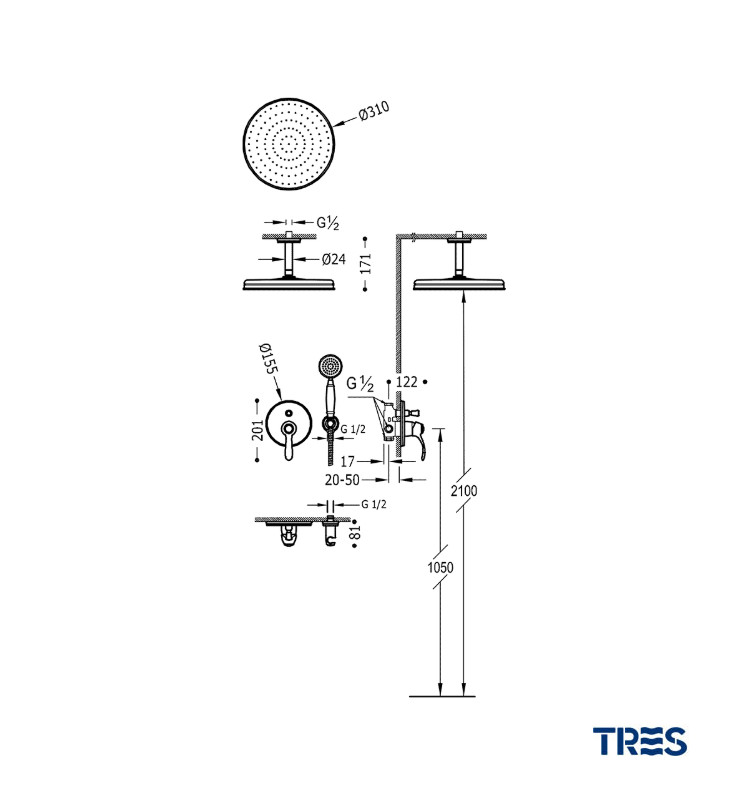 Kit ducha empotrado Monoclasic Tres Grifería