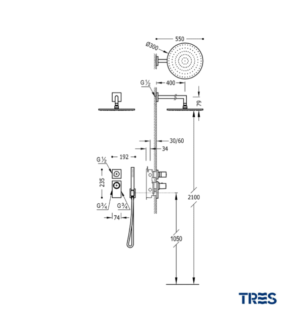 MEDIDAS KIT DUCHA TERMOSTATICO EMPOTRADO BLOCK SYSTEM PROJECT TRES