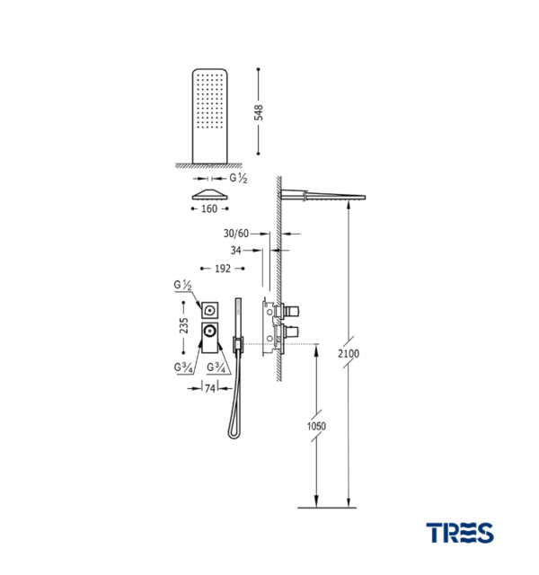 MEDIDAS KIT DUCHA TERMOSTATICO EMPOTRADO BLOCK SYSTEM PROJECT TRES