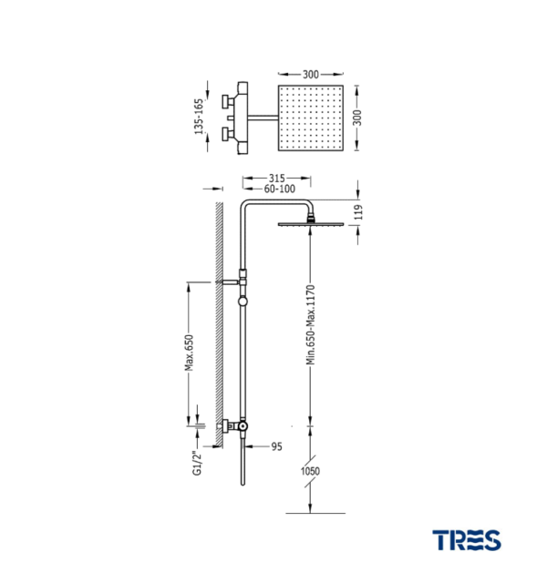 MEDIDAS CONJUNTO DUCHA TERMOSTATICA PROJECT TRES GRIFERIA