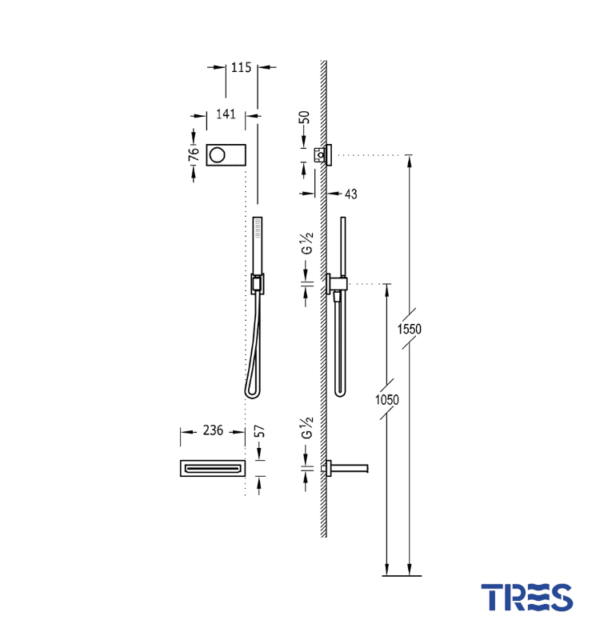 MEDIDAS KIT ELECTRONICO DE BAÑERA TERMOSTATICO EMPOTRADO SHOWER TECHNOLOGY TRES GRIFERIA