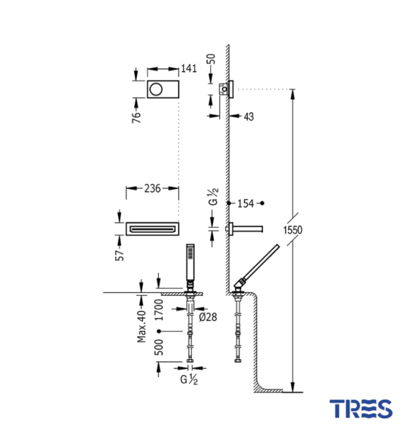 MEDIDAS KIT ELECTRONICO DE BAÑERA TERMOSTATICO EMPOTRADO SHOWER TECHNOLOGY TRES GRIFERIA