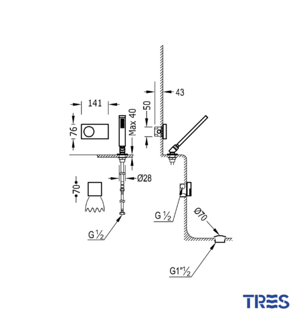 MEDIDAS KIT ELECTRONICO DE BAÑERA TERMOSTATICO EMPOTRADO SHOWER TECHNOLOGY TRES GRIFERIA