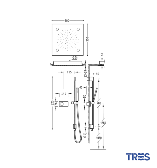 MEDIDAS KIT ELECTRONICO DE DUCHA TERMOSTATICO EMPOTRADO TRES