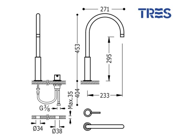 MONOMANDO LAVABO CON MANDO SEPARADO STUDY TRES GRIFERIA