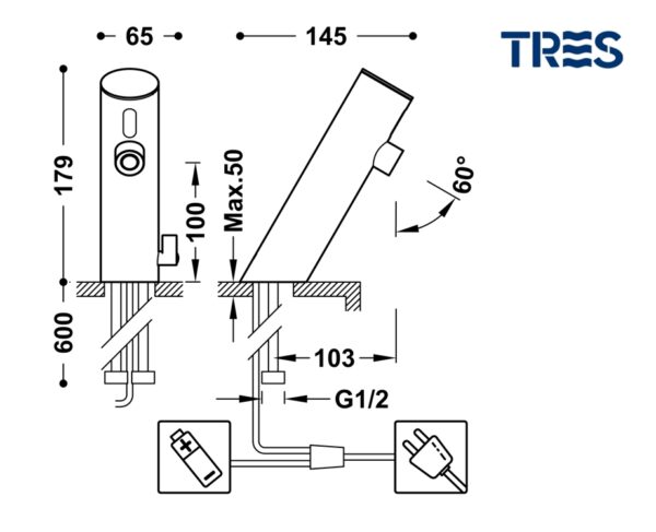 TRES BASIC MEZCLADOR LAVABO ELECTRONICO - Imagen 3