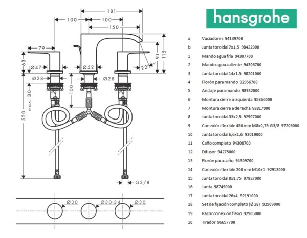 HANSGROHE VIVENIS BATERIA AMERICANA LAVABO - Imagen 5