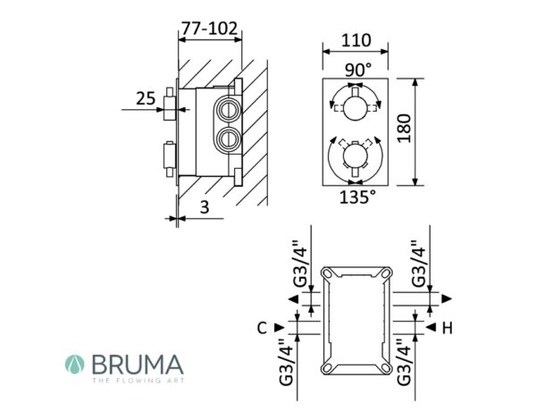BRUMA ELO TERMOSTATICA DUCHA EMPOTRADO 2 VIAS - Imagen 2