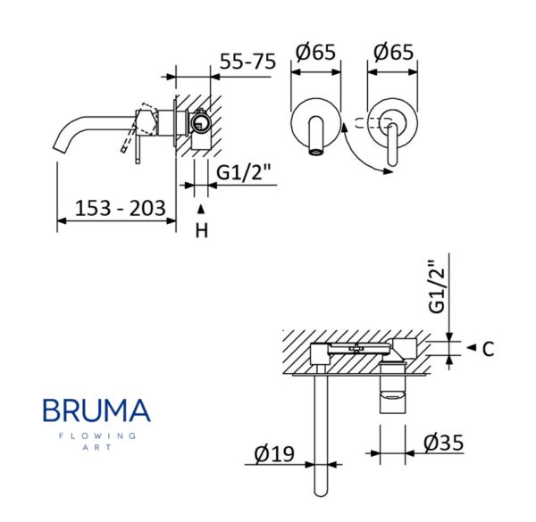 BRUMA X-ALPHA MONOMANDO LAVABO MURAL 15cm - Imagen 2